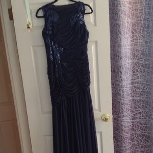 Adrianna Papell Midnight Blue Formal Gown with Lace Detail